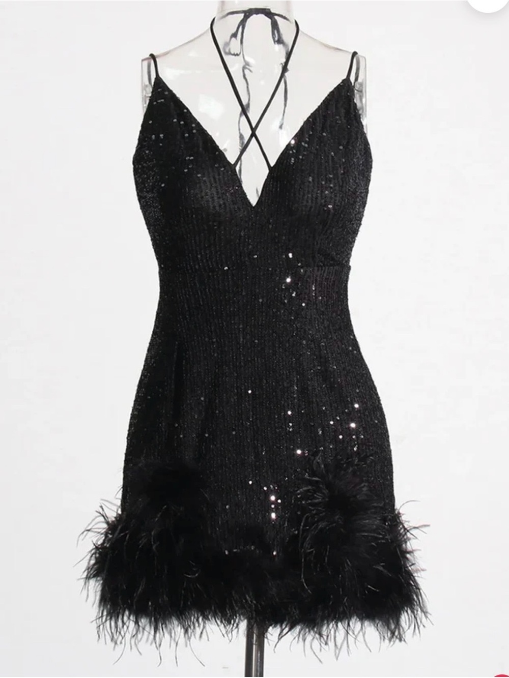Black Sequin Feather Trim Strappy Dress Size XS